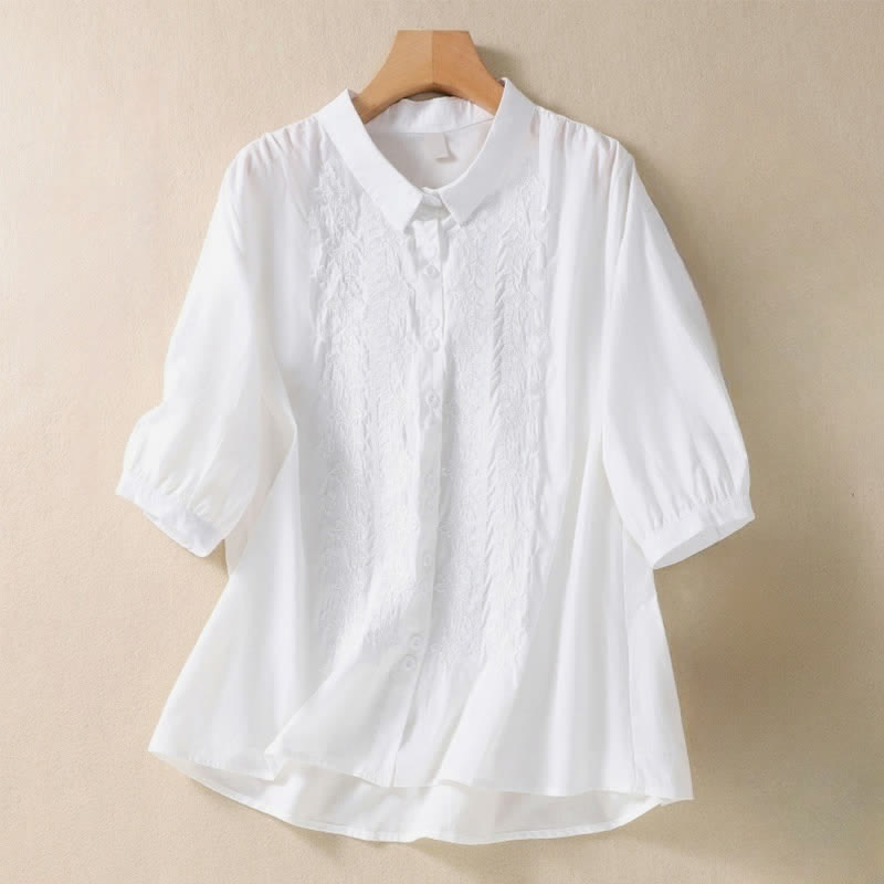 Buddha Stones Summer Plain Button Embroidery Flower Pattern Three Quarter Sleeve Lapel Women's Shirt - White - US8-10，UK/AU12-14，EU40-42 (2XL) - image 5