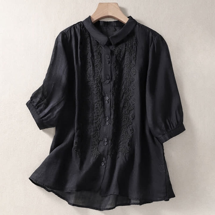 Buddha Stones Summer Plain Button Embroidery Flower Pattern Three Quarter Sleeve Lapel Women's Shirt - Black - US8-10，UK/AU12-14，EU40-42 (2XL) - image 26