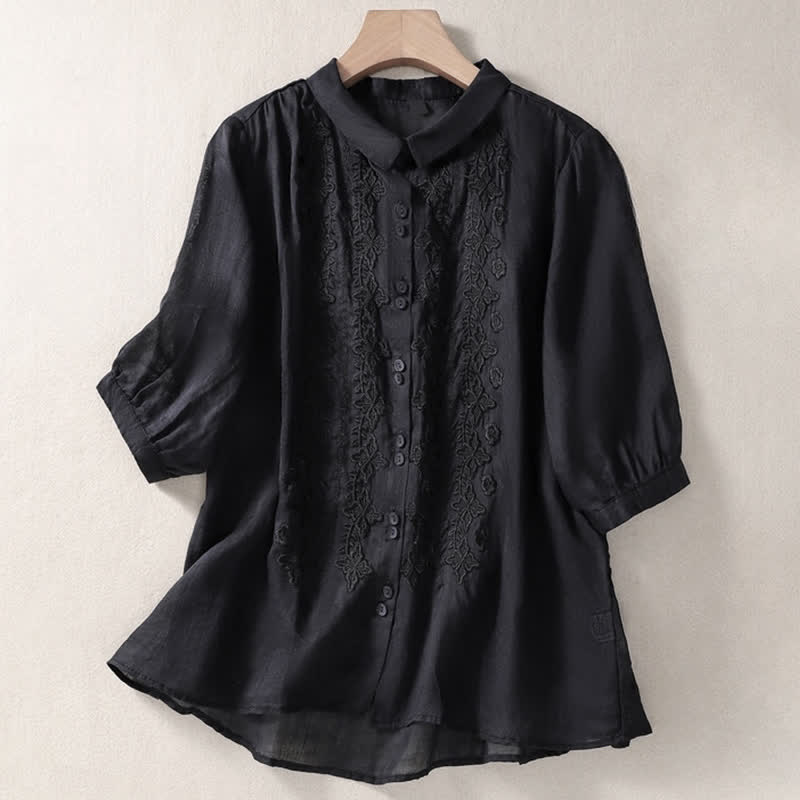 Buddha Stones Summer Plain Button Embroidery Flower Pattern Three Quarter Sleeve Lapel Women's Shirt - Black - US12，UK/AU16，EU44 (2XL) - image 26