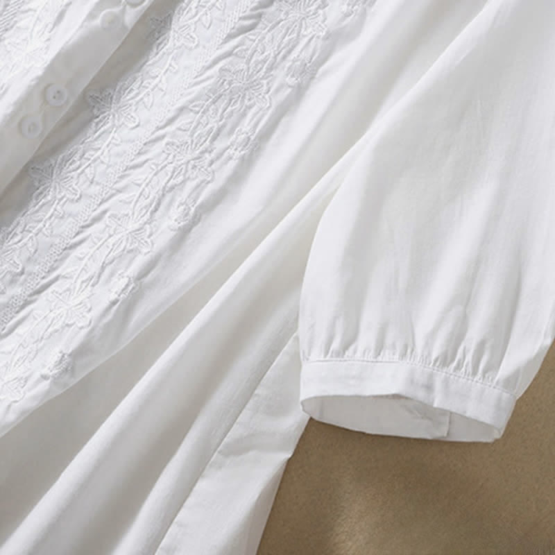 Buddha Stones Summer Plain Button Embroidery Flower Pattern Three Quarter Sleeve Lapel Women's Shirt - image 10