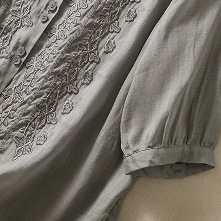 Buddha Stones Summer Plain Button Embroidery Flower Pattern Three Quarter Sleeve Lapel Women's Shirt - image 17