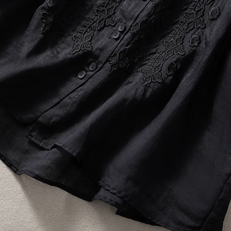 Buddha Stones Summer Plain Button Embroidery Flower Pattern Three Quarter Sleeve Lapel Women's Shirt - image 30