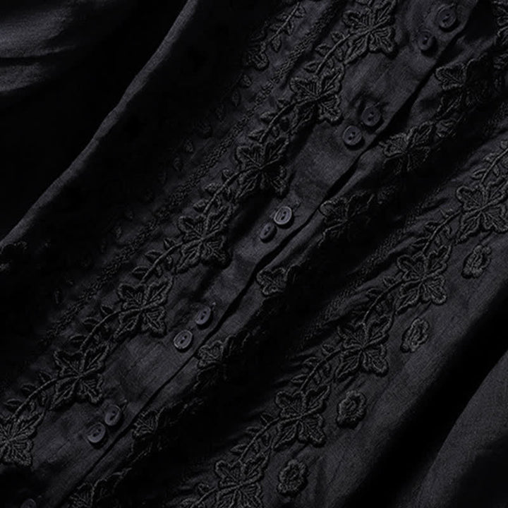 Buddha Stones Summer Plain Button Embroidery Flower Pattern Three Quarter Sleeve Lapel Women's Shirt - image 29