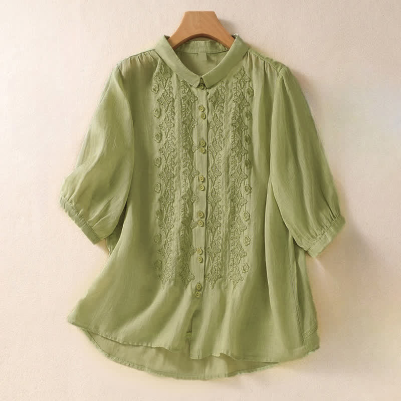 Buddha Stones Summer Plain Button Embroidery Flower Pattern Three Quarter Sleeve Lapel Women's Shirt - PaleGreen - US12，UK/AU16，EU44 (2XL) - image 0