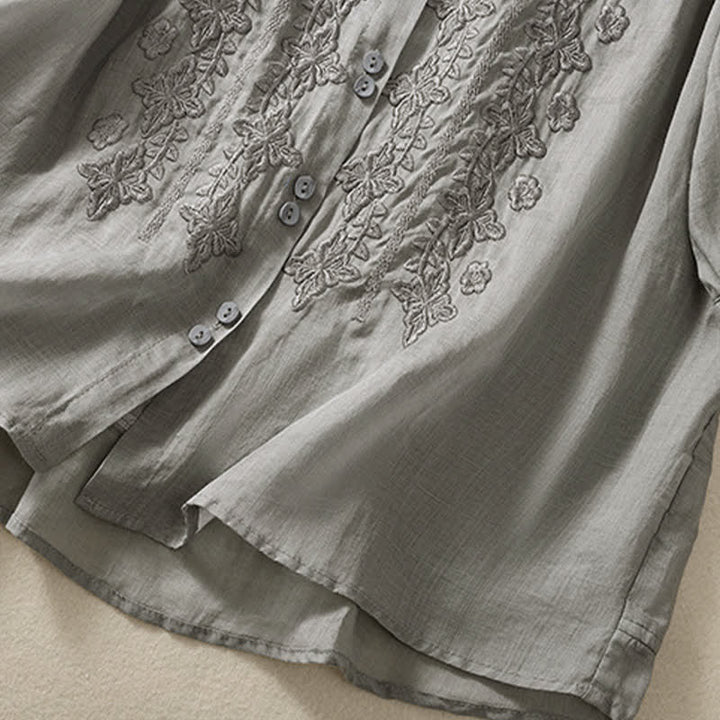 Buddha Stones Summer Plain Button Embroidery Flower Pattern Three Quarter Sleeve Lapel Women's Shirt - image 18