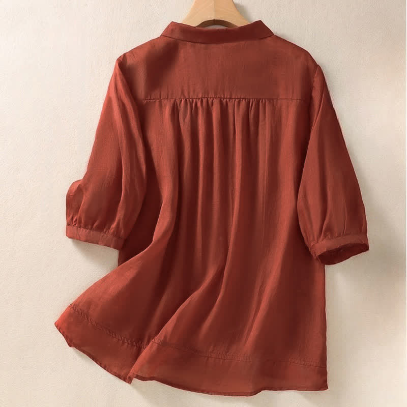 Buddha Stones Summer Plain Button Embroidery Flower Pattern Three Quarter Sleeve Lapel Women's Shirt - image 20