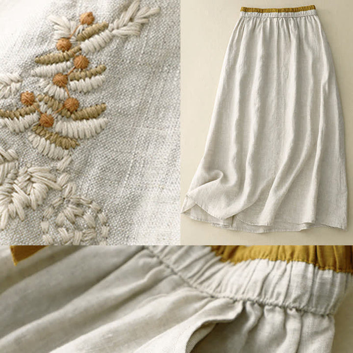 Buddha Stones Vintage Solid Embroidery Drawstring Women's Skirt With Pockets - image 12