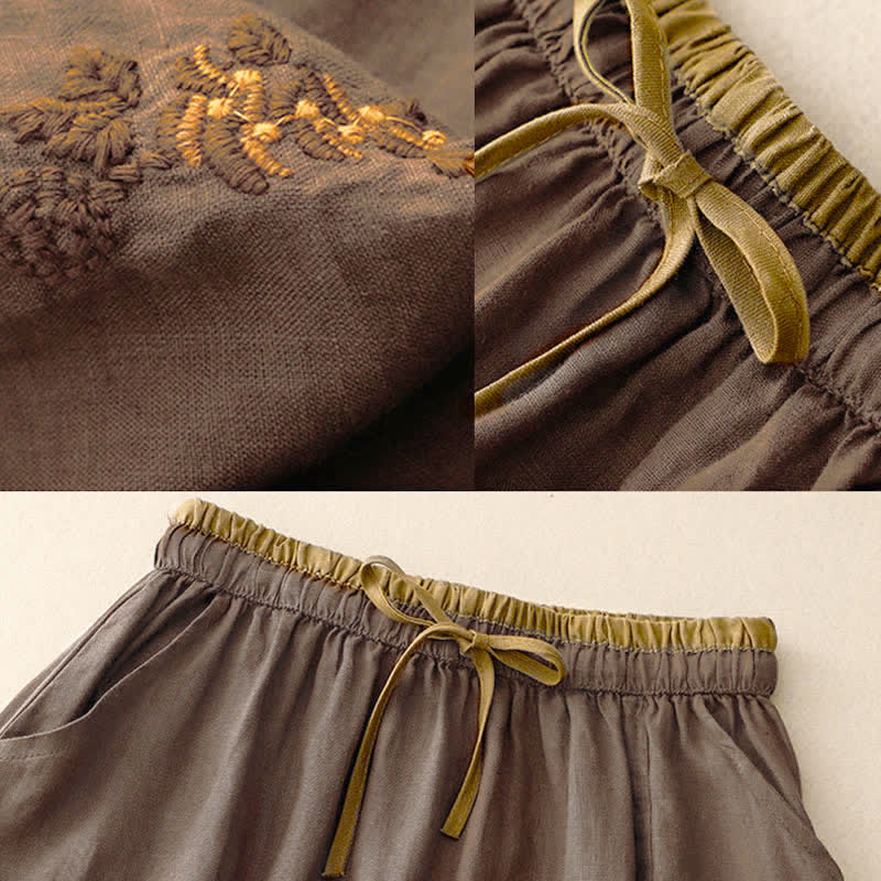 Buddha Stones Vintage Solid Embroidery Drawstring Women's Skirt With Pockets - image 17