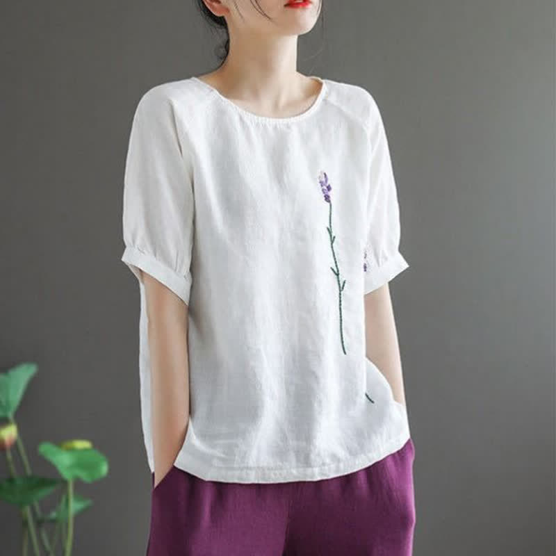 Buddha Stones Summer Vintage Embroidered Flower Pattern Women's Crew Neck Design T-Shirt - image 13