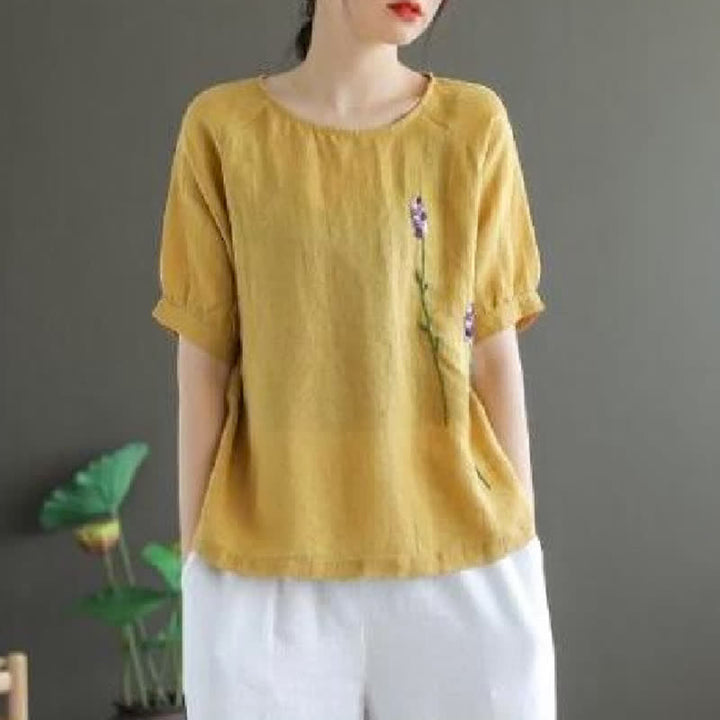 Buddha Stones Summer Vintage Embroidered Flower Pattern Women's Crew Neck Design T-Shirt - Khaki - US8-10，UK/AU12-14，EU40-42 (2XL) - image 5