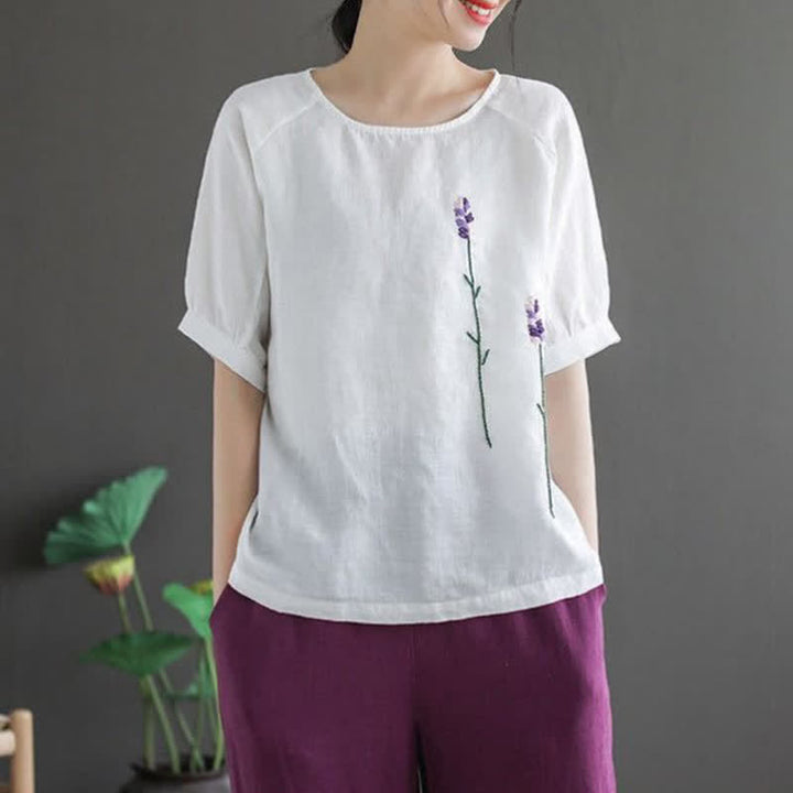 Buddha Stones Summer Vintage Embroidered Flower Pattern Women's Crew Neck Design T-Shirt - White - US8-10，UK/AU12-14，EU40-42 (2XL) - image 11