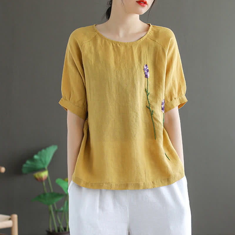 Buddha Stones Summer Vintage Embroidered Flower Pattern Women's Crew Neck Design T-Shirt - image 8