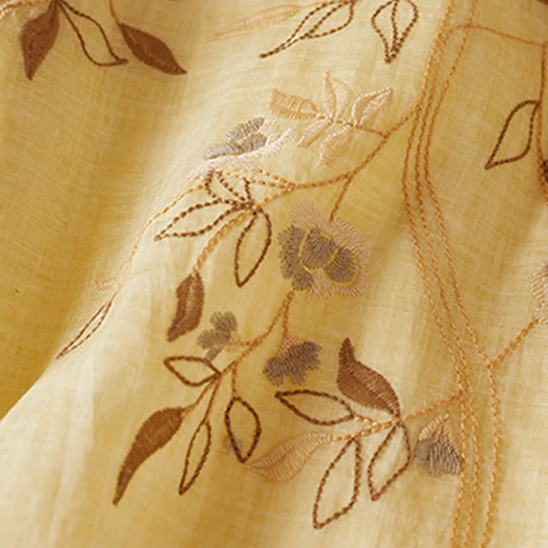 Buddha Stones Embroidered Leaf Crew Neck Half Sleeve Fiber Midi Dress - image 4