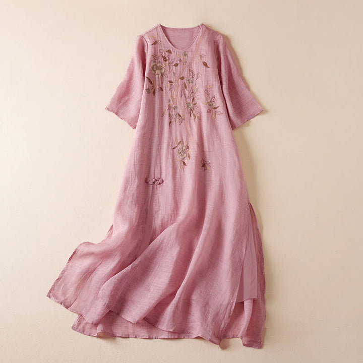 Buddha Stones Embroidered Leaf Crew Neck Half Sleeve Fiber Midi Dress - Pink - US8-10，UK/AU12-14，EU40-42 (2XL) - image 14