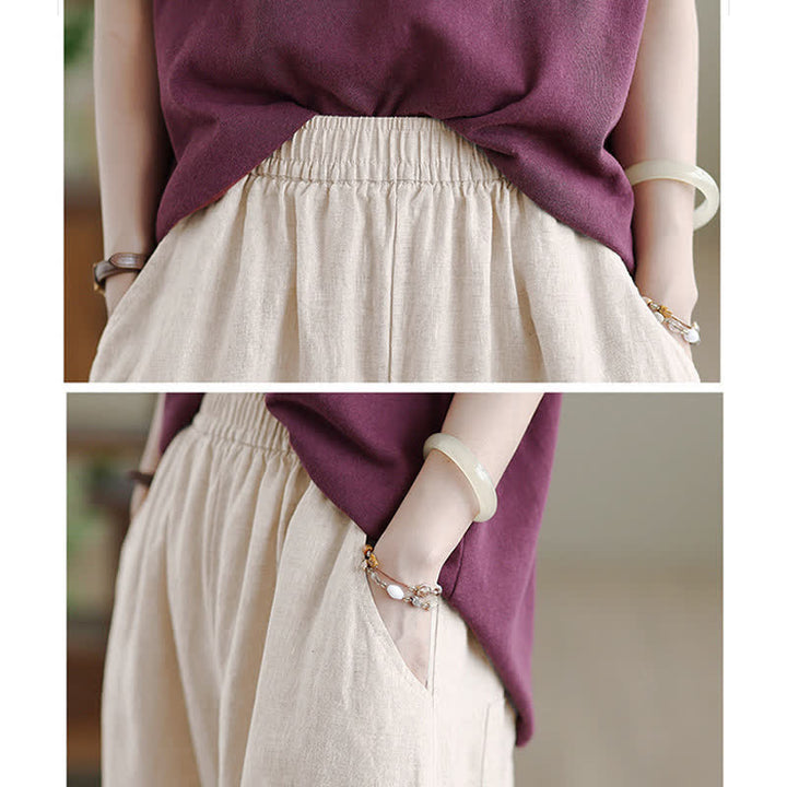 Buddha Stones Casual Plain Cotton Women's Wide Leg Pants With Pockets - image 17