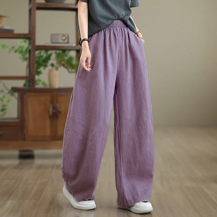 Buddha Stones Casual Plain Cotton Women's Wide Leg Pants With Pockets - Plum - US12，UK/AU16，EU44 (3XL) - image 0