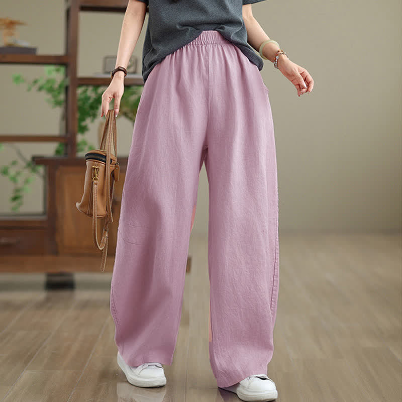 Buddha Stones Casual Plain Cotton Women's Wide Leg Pants With Pockets - Pink - US12，UK/AU16，EU44 (3XL) - image 6