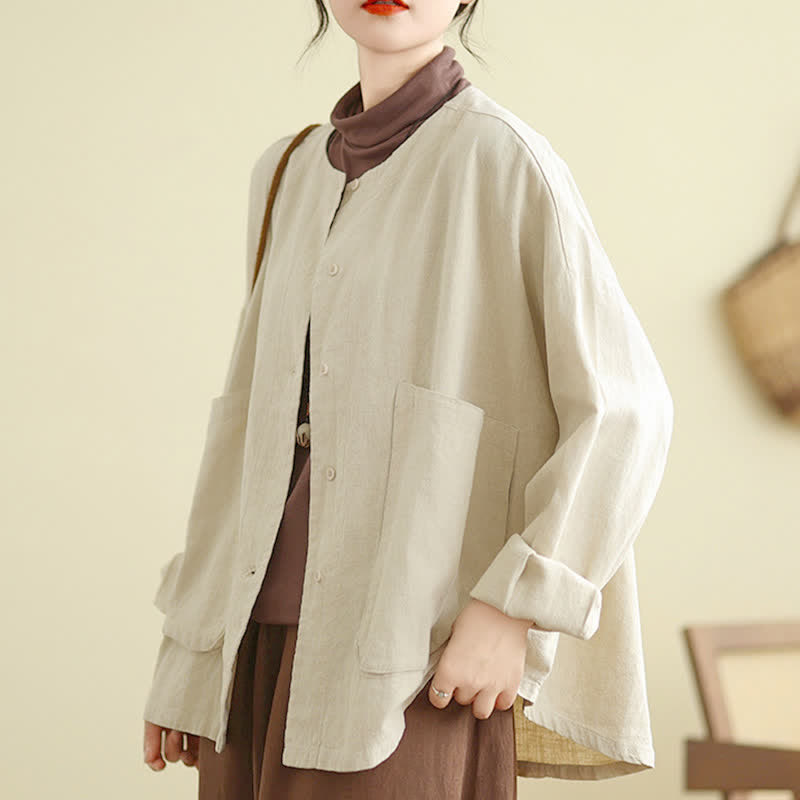 Buddha Stones Plain Design Long Sleeve Women's Jacket With Pockets - Beige - US14，UK/AU18，EU46 (2XL) - image 0