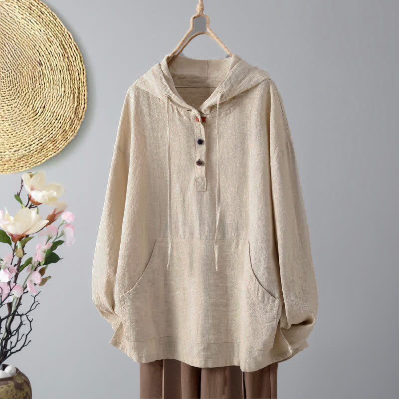 Buddha Stones Women's Plain Buttons Design Long Sleeve Hoodie With Pockets - Beige - US8-10，UK/AU12-14，EU40-42 (2XL) - image 0