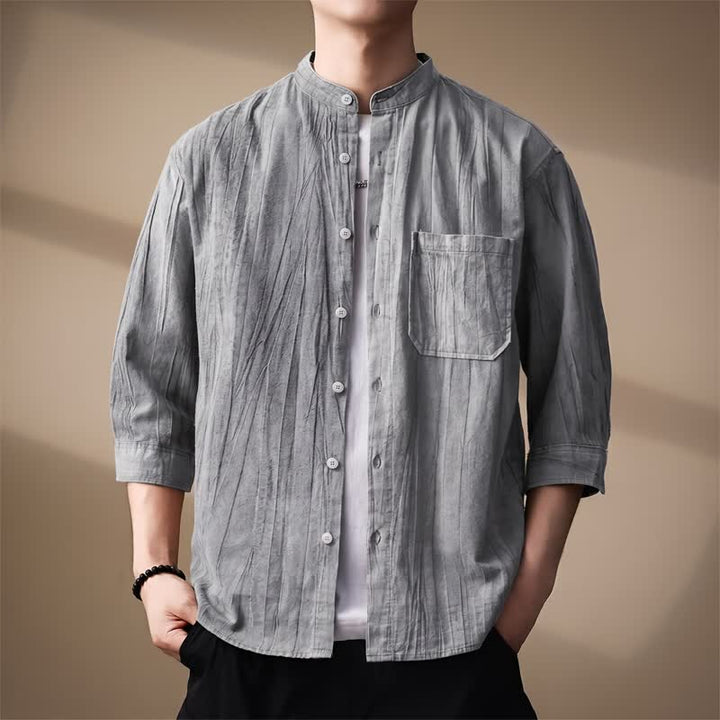 Buddha Stones Spring Summer Casual Mandarin Collar Solid Cotton Men's Long Sleeve Shirts With Patch Pocket - Gray - US/UK/AU44，EU54 (4XL) - image 9