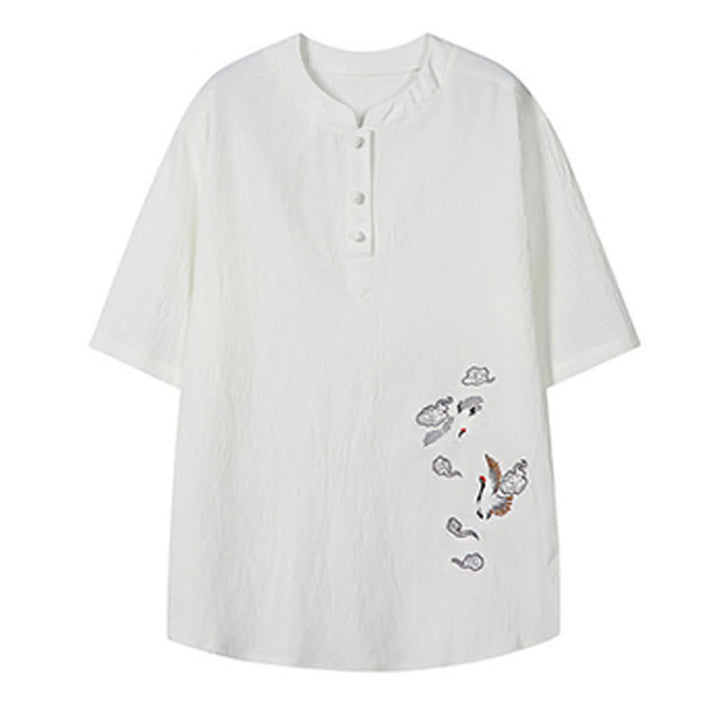 Buddha Stones Summer Tang Style Casual Mandarin Collar Embroidery Crane Men's Short Sleeve Shirts - image 3