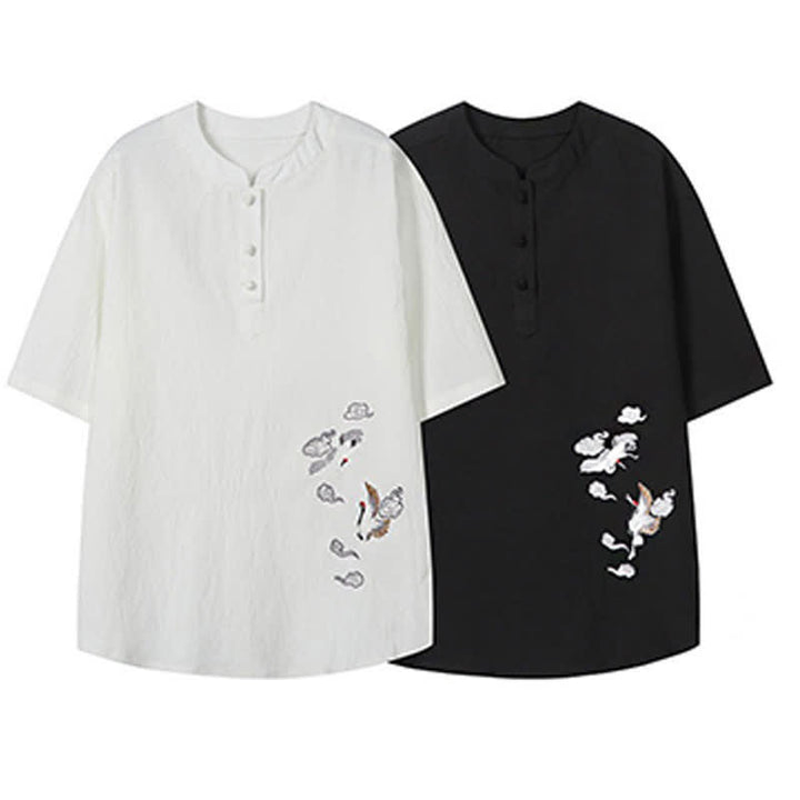 Buddha Stones Summer Tang Style Casual Mandarin Collar Embroidery Crane Men's Short Sleeve Shirts - image 17