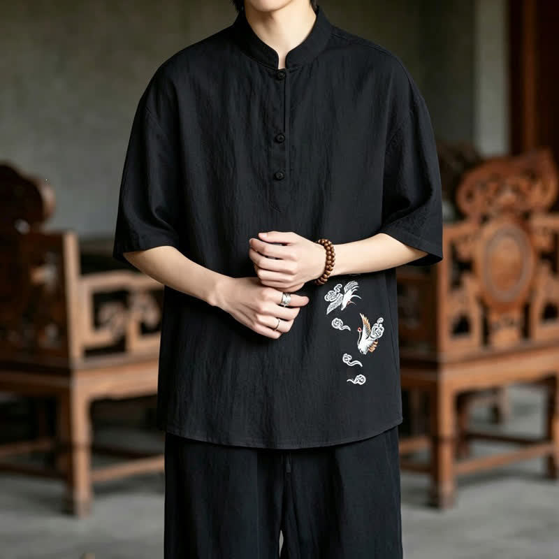 Buddha Stones Summer Tang Style Casual Mandarin Collar Embroidery Crane Men's Short Sleeve Shirts - image 14