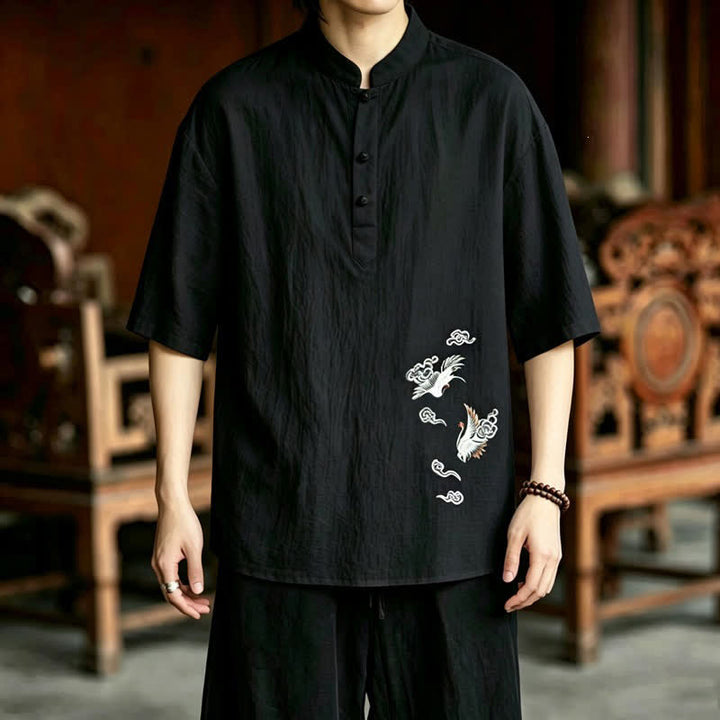Buddha Stones Summer Tang Style Casual Mandarin Collar Embroidery Crane Men's Short Sleeve Shirts - image 13