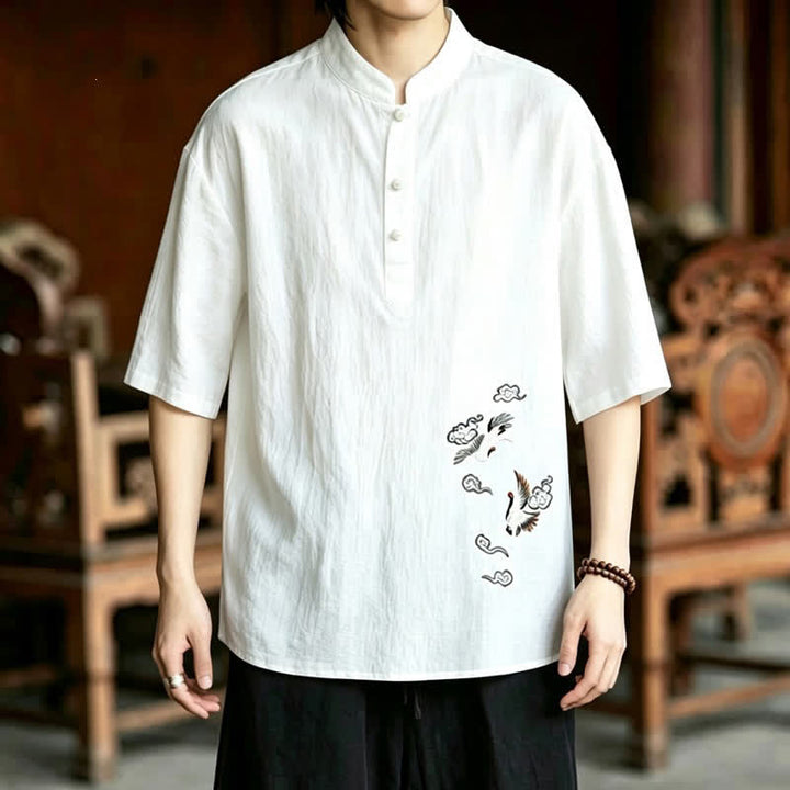 Buddha Stones Summer Tang Style Casual Mandarin Collar Embroidery Crane Men's Short Sleeve Shirts - image 1