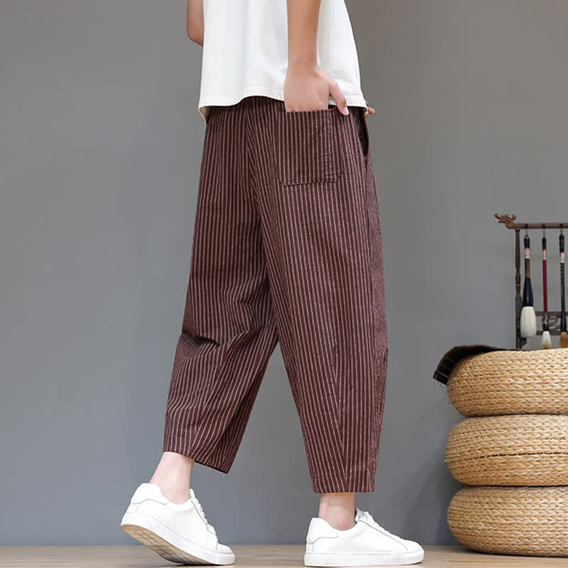 Buddha Stones Summer Casual Minimalist Drawstring Striped Cotton Linen Capri Pants Men's Tapered Pants With Pocket - image 20