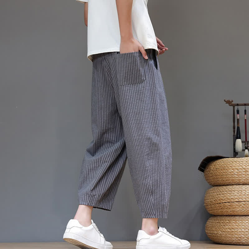 Buddha Stones Summer Casual Minimalist Drawstring Striped Cotton Linen Capri Pants Men's Tapered Pants With Pocket - image 3