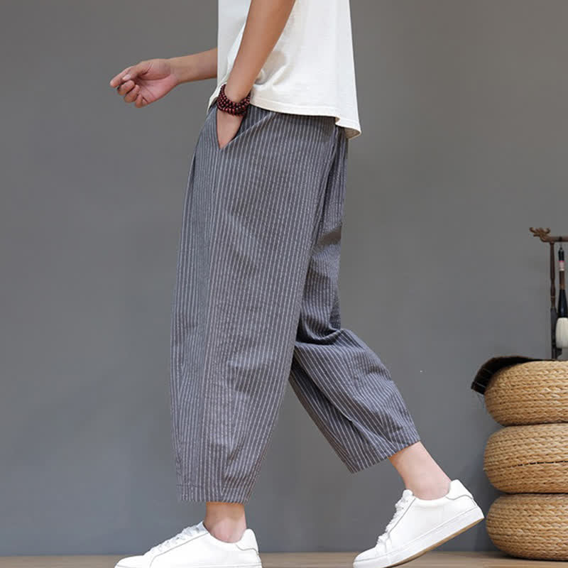 Buddha Stones Summer Casual Minimalist Drawstring Striped Cotton Linen Capri Pants Men's Tapered Pants With Pocket - image 6