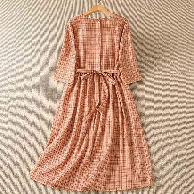 Buddha Stones Summer Casual Vintage Plaid Women's Three-Quarter Sleeve Dress With Pocket - image 1