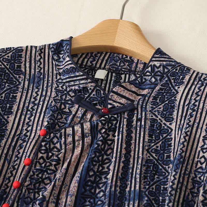 Buddha Stones Summer Tang Style Boho Mandarin Collar Geometric Women's Three-Quarter Sleeve Dress With Pocket - image 2