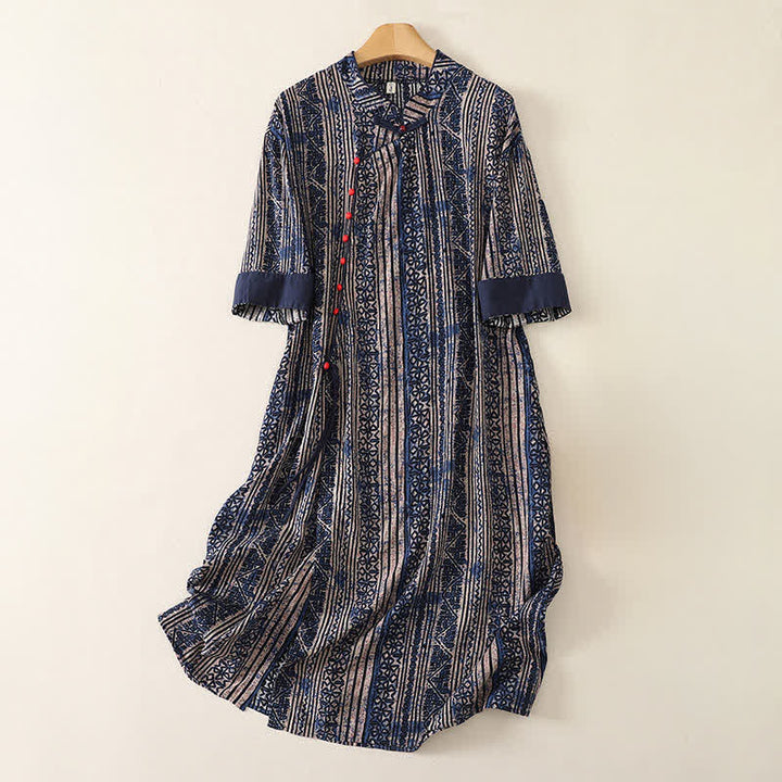 Buddha Stones Summer Tang Style Boho Mandarin Collar Geometric Women's Three-Quarter Sleeve Dress With Pocket - image 0