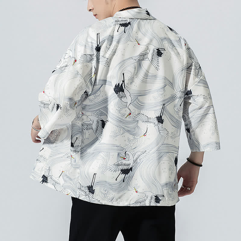 Buddha Stones Summer Casual Vintage Open Front Crane Wave Print Men's Kimonos - image 17