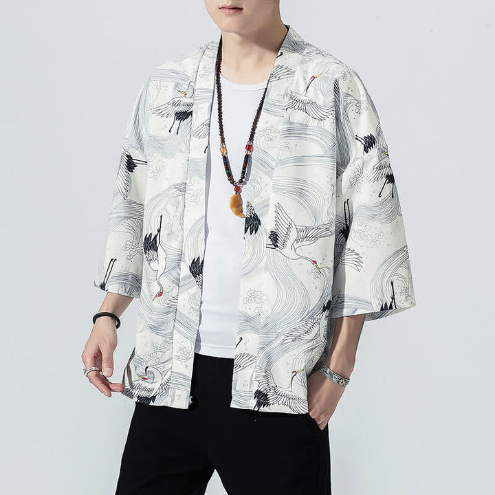 Buddha Stones Summer Casual Vintage Open Front Crane Wave Print Men's Kimonos - image 12