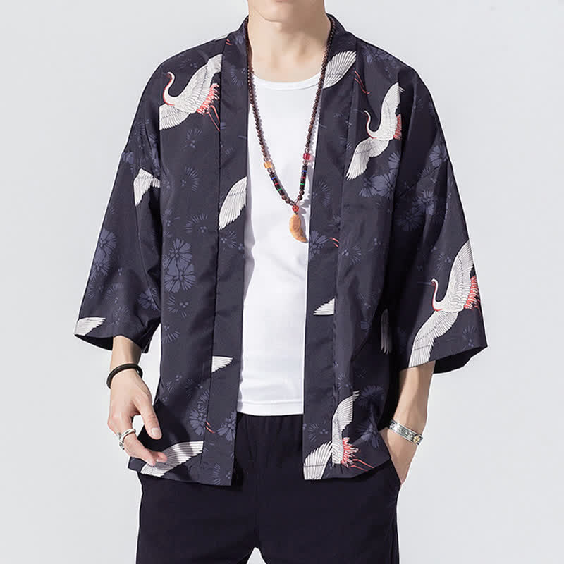 Buddha Stones Summer Casual Vintage Open Front Crane Wave Print Men's Kimonos - Indigo - US/UK/AU46, EU56 (5XL) - image 3