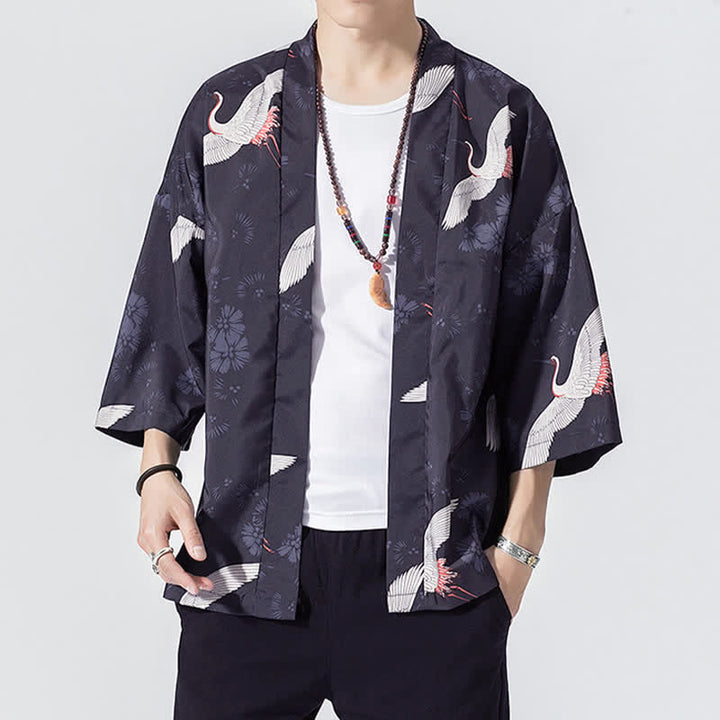 Buddha Stones Summer Casual Vintage Open Front Crane Wave Print Men's Kimonos - Indigo - US/UK/AU46, EU56 (5XL) - image 3
