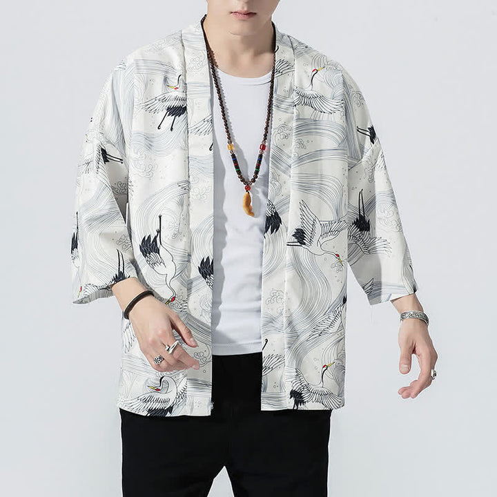 Buddha Stones Summer Casual Vintage Open Front Crane Wave Print Men's Kimonos - image 14