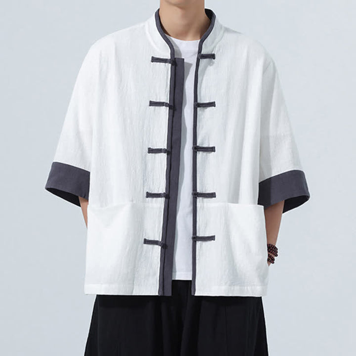 Buddha Stones Summer Casual Tang Style Frog Button Solid Cotton Men's Short Sleeve Shirts With Pocket - White - US/UK/AU46, EU56 (5XL) - image 23
