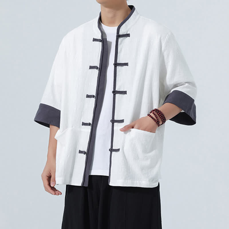 Buddha Stones Summer Casual Tang Style Frog Button Solid Cotton Men's Short Sleeve Shirts With Pocket - image 27