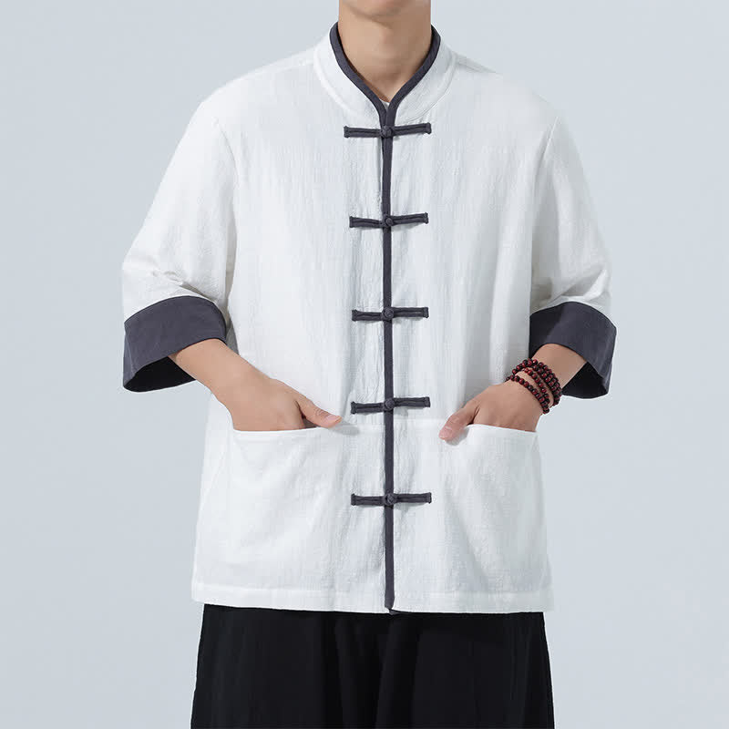 Buddha Stones Summer Casual Tang Style Frog Button Solid Cotton Men's Short Sleeve Shirts With Pocket - image 24