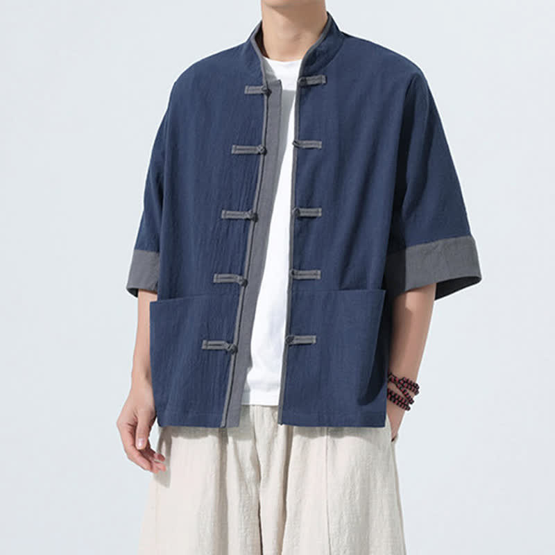 Buddha Stones Summer Casual Tang Style Frog Button Solid Cotton Men's Short Sleeve Shirts With Pocket - image 3