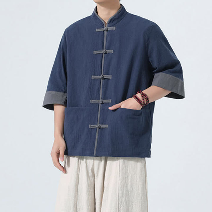 Buddha Stones Summer Casual Tang Style Frog Button Solid Cotton Men's Short Sleeve Shirts With Pocket - image 2