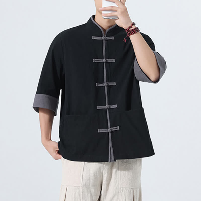 Buddha Stones Summer Casual Tang Style Frog Button Solid Cotton Men's Short Sleeve Shirts With Pocket - image 21