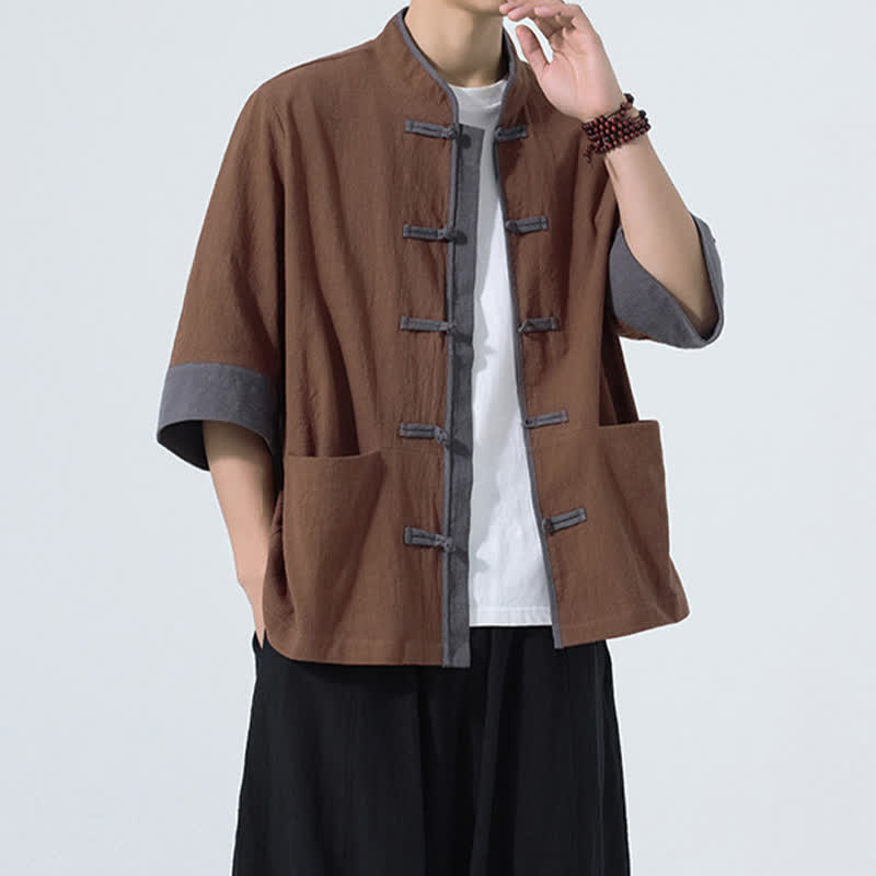 Buddha Stones Summer Casual Tang Style Frog Button Solid Cotton Men's Short Sleeve Shirts With Pocket - image 13
