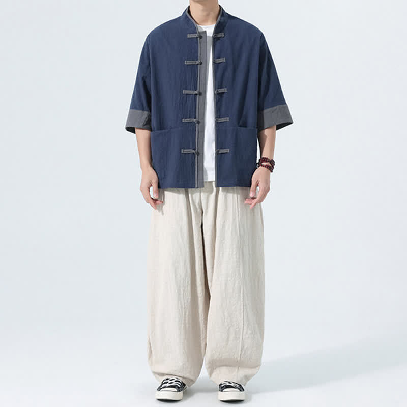 Buddha Stones Summer Casual Tang Style Frog Button Solid Cotton Men's Short Sleeve Shirts With Pocket - image 7