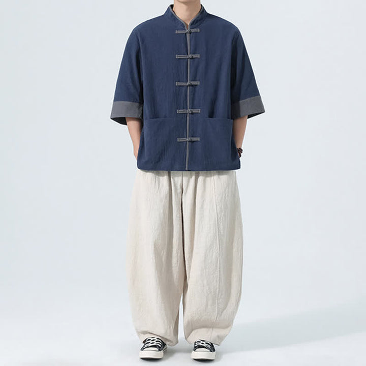 Buddha Stones Summer Casual Tang Style Frog Button Solid Cotton Men's Short Sleeve Shirts With Pocket - image 6