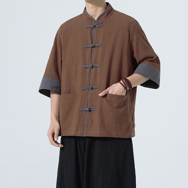 Buddha Stones Summer Casual Tang Style Frog Button Solid Cotton Men's Short Sleeve Shirts With Pocket - image 10